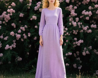 Robe longue en lin pour femme, manches longues, col rond et taille froncée, robe bohème fait main, style cottagecore, robe personnalisée, robe printemps-automne