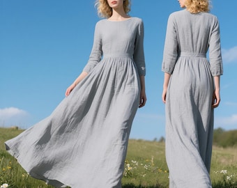 Grijze linnen maxi-jurk vrouwen ronde hals 3/4 mouw jurk lange a-lijn jurk handgemaakte aangepaste kleding met zakken lente herfst jurk linnen jurk