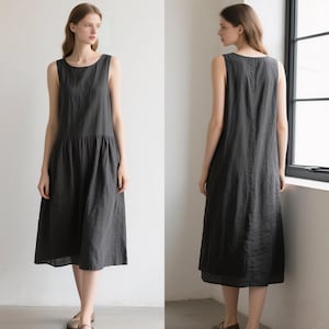 Custom Linen Midi Dress with Pockets Sleeveless Drop Waist Flowy Summer Dress Minimalist Casual Loose Linen Clothing Women Handmade Dress