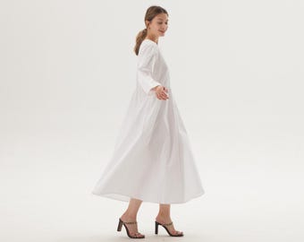 White Cotton Maxi Dress Women Long Sleeves Soft Casual Loose Dress with Side Pockets V Neck Custom Dress Spring Summer Fall Plus Size Dress