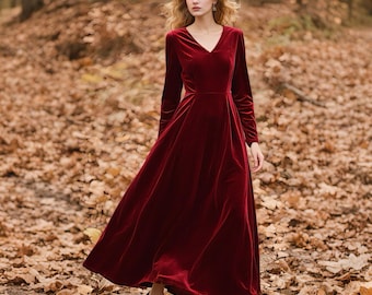 elegant loose winter dresses with sleeves Velvet Maxi Dress High Neck Long Sleeve, Elegant Winter Formal Gown, Loose  Sleeve Dress, Modest Evening Dress, Wedding Guest Dress