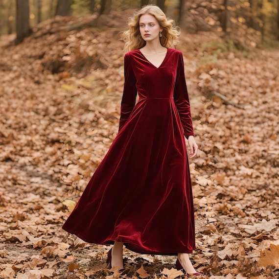 Burgundy Velvet Maxi Dress Women V Neck Long Sleeve Dress A Line Modest Dress  Winter Wedding Guest Dress Custom Dress Fall Winter Dress