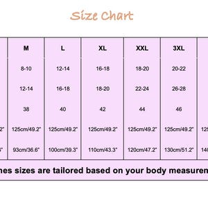 May include: A size chart with US, UK, and EU sizes, dress length (49.2 inches), and bust measurements (34.6 to 63 inches). The chart includes sizes from S to 6XL. Text: Clothes sizes are tailored based on your body measurements.