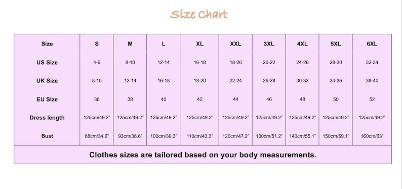 May include: A size chart with US, UK, and EU sizes, dress length (49.2 inches), and bust measurements (34.6 to 63 inches). The chart includes sizes from S to 6XL. Text: Clothes sizes are tailored based on your body measurements.
