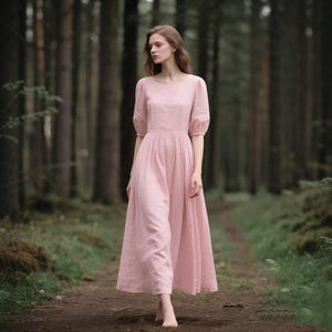 Linen Maxi Dress Half Sleeve Scoop Neck Women Cottagecore A-Line Dress Flowy Vintage Boho Long Dress with Pockets Soft Romantic Custom Dress