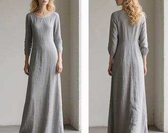 Grijze linnen maxi-jurk met zakken vrouwen ronde hals 3/4 mouw jurk lange a-lijn jurk handgemaakte aangepaste kleding lente herfst jurk linnen jurk