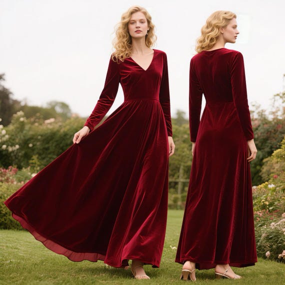 wine red winter dress Velvet Maxi – Deep V Neck Long Sleeve Gown With Flowing Skirt – Elegant Evening Prom Dress Autumn Dress Dress Color:black【presale】 فساتين صيفية Sleeve Type Powder pink dress -