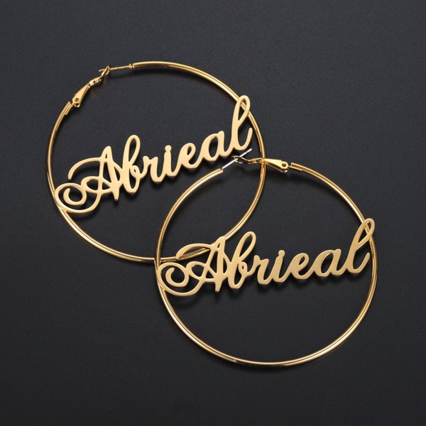 Custom Name Hoop Earrings For Women - Personalised Circle Nameplate Leverback 7 thumbnail image