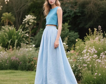 Linen Maxi Skirt with Pockets Floor-Length Flowy Skirt with Elastic Waist A-Line Skirt Handmade Boho Summer Skirt Women Long Custom Skirt