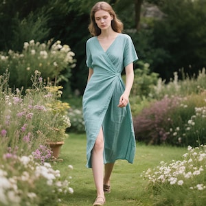 Linen Wrap Dress with Belt Short Sleeve Dress With Pockets Custom Linen Dress for Women V Neck Linen Dress Short Dress Summer Midi Dress