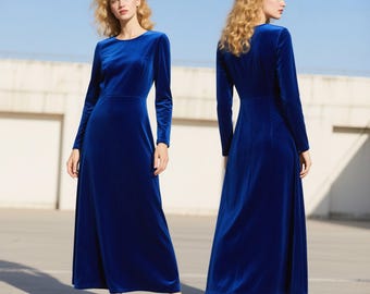 Royal Blue Velvet Maxi Dress | Elegant Long Sleeve Velvet Gown | Handmade Winter Formal Dress | Soft Velvet Evening Dress | Custom Dress