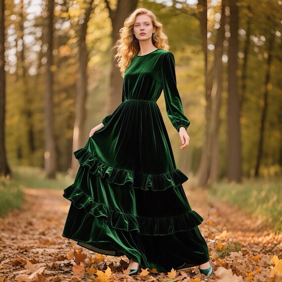 forest green winter dress Velvet Maxi With Tiered Ruffles Long Sleeve Elegant Dress Women Romantic Flowy Party Evening Occasion Dress Fall Dress 251120