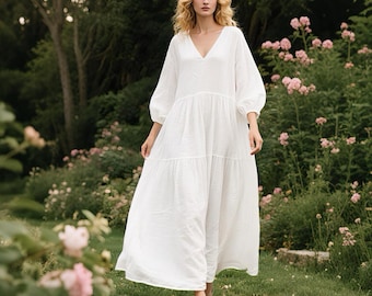 Women Linen Maxi Dress with Balloon Sleeves Handmade V Neck Tiered Dress Spring Fall Dress Loose Fit Flowy Cottagecore Dress Custom Dress