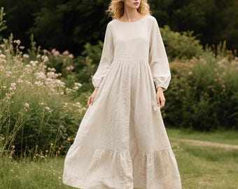 Linen Maxi Dress with Balloon Sleeves Round Neck Ruffled Hem Dress Flowy Cottagecore Linen Dress with Pockets Spring Fall Dress Custom Dress