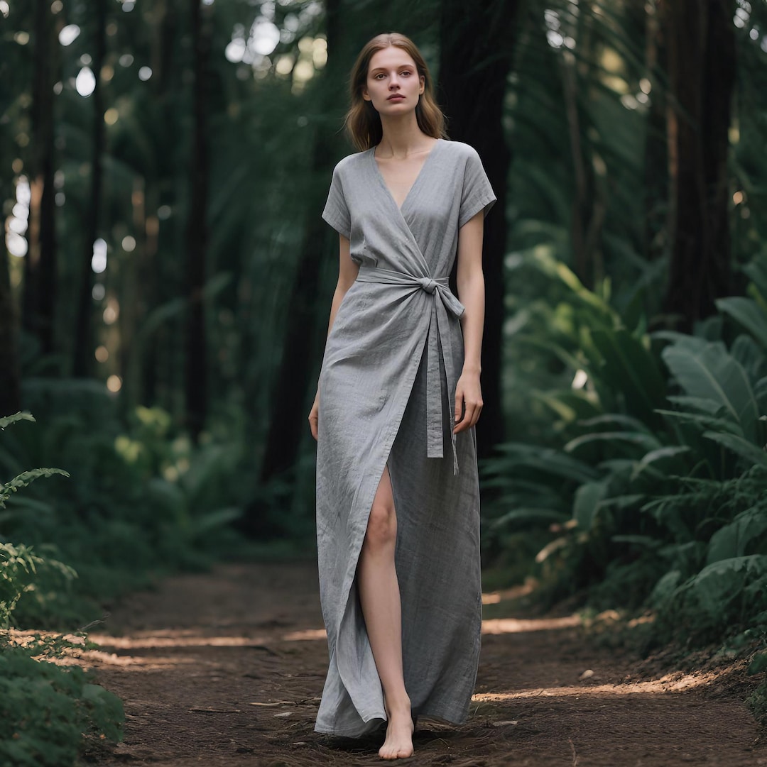 gray wrap dress Butterfly in Linen VOZ Apparel a flattering dress from our 2014 archives Modest Formal Wrap Dress G447