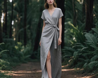 LINEN WRAP DRESS V Neck Dress Elegant Maxi Dress Women  Short Sleeve Dress Minimalist Dress Custom Dress With Pockets Summer Fall Boho Dress