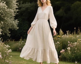 Linen Maxi Dress with Ruffle Hem V Neck Boho Dress with Long Balloon Sleeves Cottagecore Dress with Pockets Spring Fall Dress Custom Dress