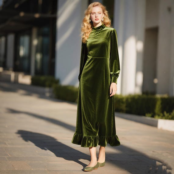 green winter party dress Green Velvet Maxi Dress Women | High Neck Long Sleeve Velvet Dress | Elegant Ruffle Hem Gown