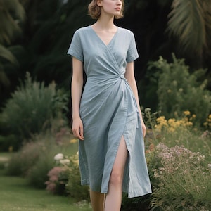 Women Wrap Linen Dress Linen Midi Dress with Pockets Elegant Soft Cottagecore Dress Summer V-Neck Dress Elegant Dress Handmade Custom Dress