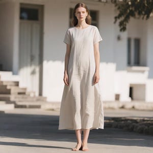 Linen Midi Dress for Women Short Sleeve Round Neck Dress Loose A Line Minimalist Dress Custom Linen Clothing Summer Fall Dress With Pockets