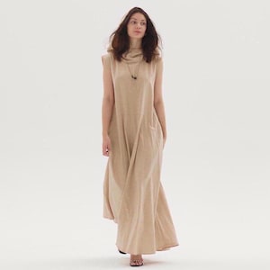 Hooded Linen Dress, Linen Boho Maxi Dress, Sleeveless Custom Dress with Side Pockets, Spring Summer Fall Casual Loose Dress, Plus Size Dress