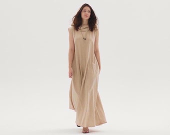 Hooded Linen Dress, Linen Boho Maxi Dress, Sleeveless Custom Dress with Side Pockets, Spring Summer Fall Casual Loose Dress, Plus Size Dress