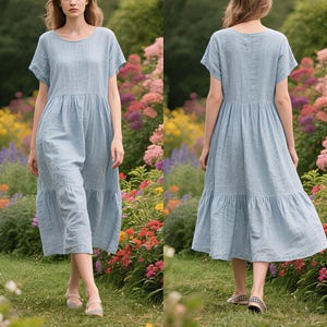 White Linen Tiered Dress Custom Short Sleeve Summer Midi Dress  Loose Fit Boho Cottagecore Linen Clothing Handmade Soft Dress with Pockets
