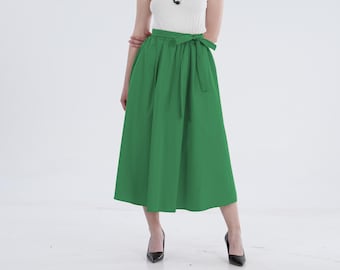 Falda larga personalizada con cinturón, cintura elástica, talla grande, falda 100 % algodón con bolsillos laterales, falda retro de primavera y verano, falda larga bohemia de talla grande
