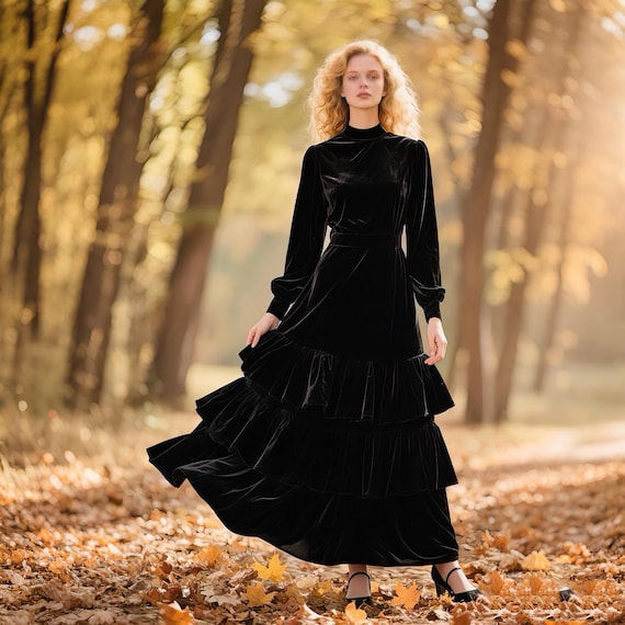 chinese dress ladies Black Gauze Long Sleeve Tiered Maxi Dress – The Red Raccoon main image 1