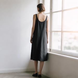 Minimalist Linen Midi Dress with Pockets Sleeveless Scoop Back Shift Dress Elegant Summer Tunic Dress Linen Clothing Custom Handmade Dress