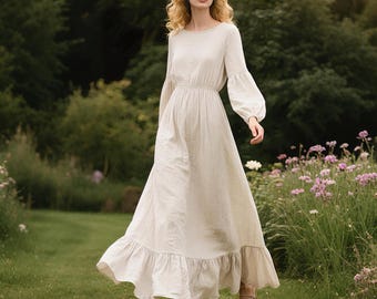 Linen Maxi Dress with Long Bishop Sleeves Round Neck Elastic Waist Ruffle Hem Dress Cottagecore Dress with Pockets Custom Spring Fall Dress