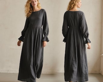 Romantic Long Sleeve Linen Maxi Dress | Cottagecore Fall Dress | Ruffle Cuff Gray Cotton Dress | A-Line Dress, long sleeve dress Fall dress