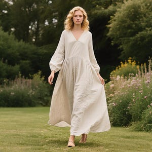 Women Linen Maxi Dress with Bishop Sleeves Handmade V Neck Flowy Long Dress Cottagecore Linen Dress with Pockets Custom Spring Fall Dress