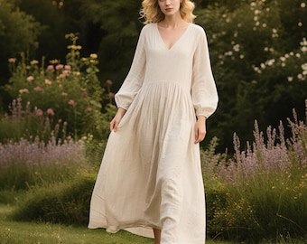 Linnen maxi-jurk vrouwen v-hals lange vloeiende jurk met lange mouwen, lente herfst jurk elegante aangepaste linnen kleding met zakken minimalistische jurk