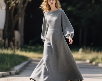 Wool Maxi Dress for Women, Long Sleeve Winter Maxi Dress, Minimalist Wool Dress, Elegant Dress, Handmade Cold Weather Dress, Custom Dress