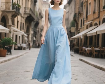 Romantic Blue Linen Maxi Dress Custom Sleeveless Boat Neck Summer Dress Flowy A-Line Women Linen Dress Custom Handmade Cottagecore Dress