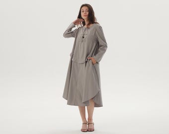 Dames katoenen jurk lange mouwen zachte casual losse jurk gewaden midi-jurken nep tweedelige jurk met zakken op maat gemaakte jurk plus size kleding
