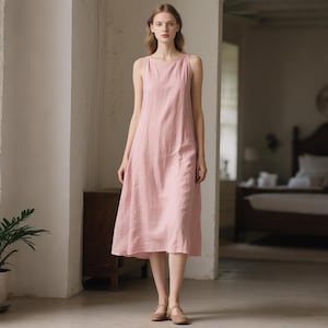 Linen Midi Dress with Pockets Minimalist Summer A-Line Dress Loose Soft Linen Sundress Handmade Custom Dress Casual Linen Dress for Women