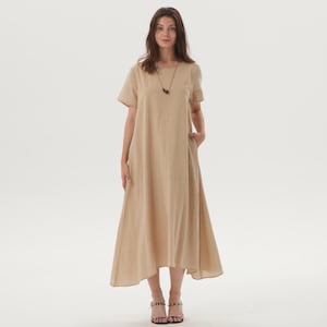 Linen Maxi Dress with Short Sleeves Loose Summer Dress with Pockets  A-Line Dress Minimalist Flowy Dress Custom Dress Casual Dress for Women