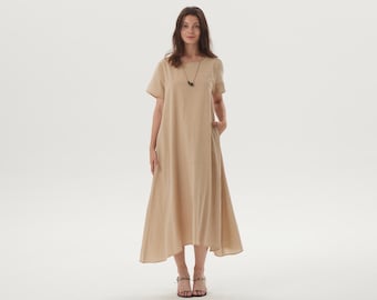 Linen Maxi Dress with Short Sleeves Loose Summer Dress with Pockets  A-Line Dress Minimalist Flowy Dress Custom Dress Casual Dress for Women