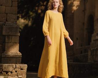 linen balloon sleeve maxi dress Tracey Linen Blend Unique Print Balloon Sleeve Tie-up Tunic Maxi Dress   roschic