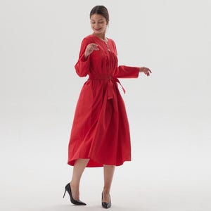Custom Cotton Maxi Dress with Functional Buttons Side Pockets Belt Women Long Sleeves Casual Loose Dress Summer Fall Dress Plus Size Dress