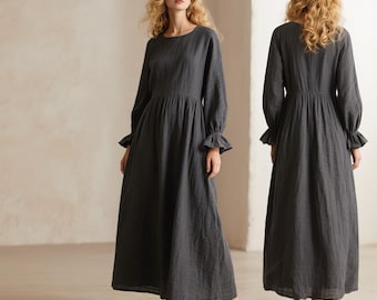 Linen Maxi Dress with Bishop Sleeves Handmade Ruffle Cuff Dress for Women Custom Dress Spring Fall Dress Minimalist Linen Long Sleeve Dress