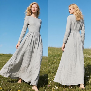 Women Linen Maxi Dress With Pockets Long Sleeve Round Neck Dress Flowy Minimalist Dress Custom Dress Spring Fall Dress Cottagecore Dress