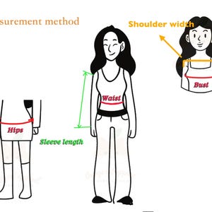 May include: Illustration showing size measurement methods for clothing. Diagrams indicate how to measure shoulder width, bust, waist, hips, and sleeve length. Text at the top reads "size measurement method".