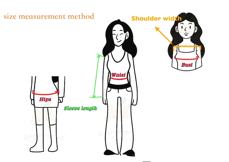 May include: Illustration showing size measurement methods for clothing. Diagrams indicate how to measure shoulder width, bust, waist, hips, and sleeve length. Text at the top reads "size measurement method".