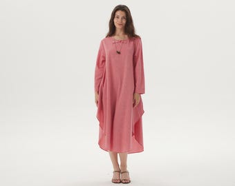 Linen Maxi Dress with Pockets Custom Round Neck Linen Dress for Women Long Sleeves Linen Dress A-line Spring Summer Dress Plus Size Dress
