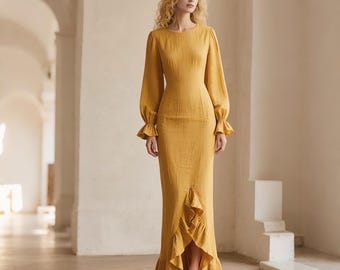 Yellow Linen Maxi Dress Floor Length Balloon Sleeve Dress Gathered Waist Linen  Gown Handmade Elegant Boho Dress With Back Slit Custom Dress - Etsy