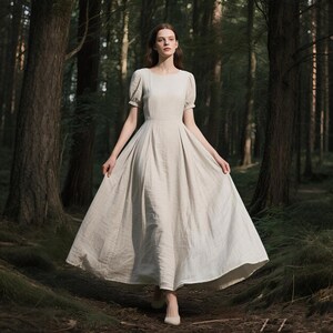 Romantic Linen Puff Sleeve Dress Long Flowy Dress Elegant Cottagecore Gown Handmade Maxi Dress with Full Skirt  Custom Dress Summer Dress