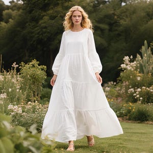 White Linen Dress with Bishop Sleeves Round Neck Tiered Long Dress, Flowy Cottagecore Linen Maxi Dress with Pockets Custom Spring Fall Dress